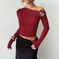 Sexy Off-Shoulder Long Sleeve T-Shirt With 3D Rose Flower Wine Red Ribbed Knit Slim Fit Top For Women Party Clubwear