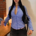 Women's Sexy Spice Girl Slim Fit Striped Long Sleeve Shirt European Style Stand Collar Button Down Blouse Polyester Spandex Streetwear Tops