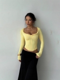 Women's Sexy Ruffle Trim Long Sleeve Corset Top Polyester Spandex Slim Fit Solid Color Square Neck Tee Shirt Autumn Fashion Streetwear