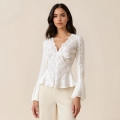 Women Sexy V Neck Lace T-Shirt Hollow Out Floral Flare Long Sleeve Slim Fit Short Top Elegant White Streetwear Blouse For Ladies