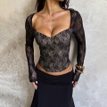 Women Sexy Black Floral Lace Corset Top Slim Fit Long Sleeve V-Neck Boned Bustier Top Retro Streetwear Party Clubwear Tee Shirt