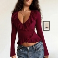 Women's Sexy V-Neck Ruffle Long Sleeve T-Shirt Polyester Spandex Blend Solid Color Wrap Slim Fit Top for Daily Party Streetwear Fashion