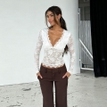 Women's Sexy White Sheer Lace Crop Top Long Bell Sleeve V Neck See Through Tight Fit Floral Perspective T-Shirt For Party Dating Streetwear