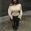 Women Sexy Deep V-Neck Off-Shoulder Long Sleeve Top Slim Fit Ruched Knitted Pullover Solid Color Base Layer Tee For Party Dating