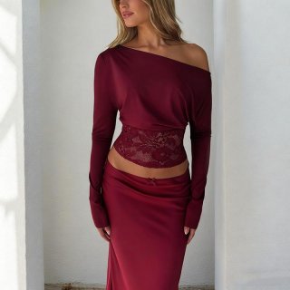 Sexy Women's One Shoulder Lace Patchwork Long Sleeve T-Shirt Elegant Solid Color Slim Fit Waist Cinched Polyester Spandex Top For Club Party