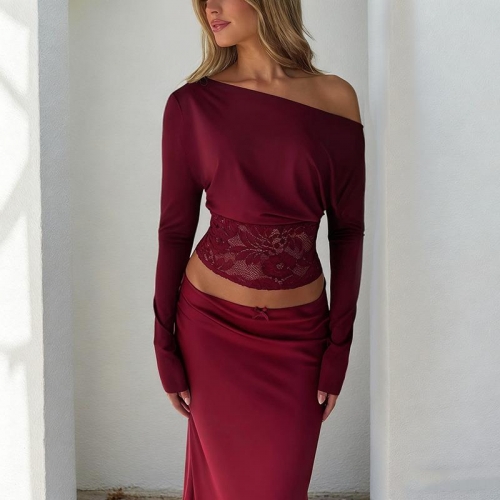 Sexy Women's One Shoulder Lace Patchwork Long Sleeve T-Shirt Elegant Solid Color Slim Fit Waist Cinched Polyester Spandex Top For Club Party