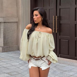 Women Off-The-Shoulder Lantern Sleeve Blouse Sexy Drawstring Tie Front Loose Chiffon Top Streetwear Solid Color Long Sleeve Blouse For Vacation Party
