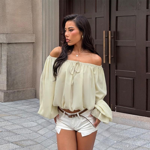 Women Off-The-Shoulder Lantern Sleeve Blouse Sexy Drawstring Tie Front Loose Chiffon Top Streetwear Solid Color Long Sleeve Blouse For Vacation Party
