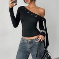 Women Sexy One Shoulder Long Sleeve T-Shirt Asymmetric Rib-Knit Slim Fit Top With Metal Grommets Decoration Streetwear Casual Clubwear Autumn Pullover