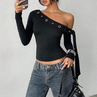 Women Sexy One Shoulder Long Sleeve T-Shirt Asymmetric Rib-Knit Slim Fit Top With Metal Grommets Decoration Streetwear Casual Clubwear Autumn Pullover