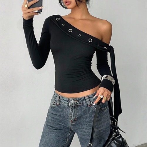 Women Sexy One Shoulder Long Sleeve T-Shirt Asymmetric Rib-Knit Slim Fit Top With Metal Grommets Decoration Streetwear Casual Clubwear Autumn Pullover