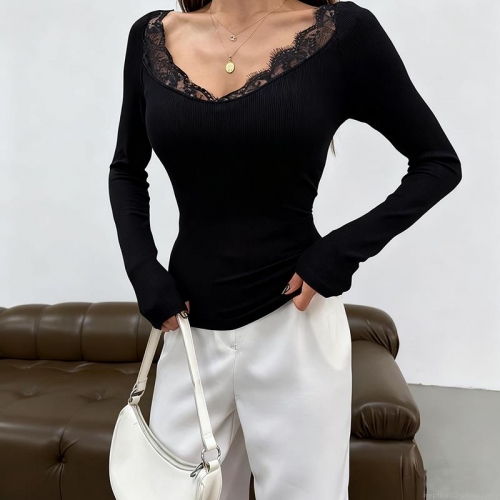 Sexy Lace Stitching Long Sleeve T-Shirt For Women Slim Fit Square Neck Ribbed Knit Top European Streetwear Clubwear Polyester Black White