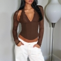 Women's Sexy Halter V Neck Lace Splicing Corset Top Long Sleeve Slim Fit Patchwork Ribbed T-Shirt Streetwear Party Club Fashion Tee