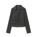 Women's Plaid Long Sleeve Shirt Ruched Front Slim Fit Polyester Blouse Elegant Grey Black Check Pattern Tops Casual Fashion Shirts For Women