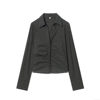 Women's Plaid Long Sleeve Shirt Ruched Front Slim Fit Polyester Blouse Elegant Grey Black Check Pattern Tops Casual Fashion Shirts For Women