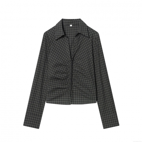 Women's Plaid Long Sleeve Shirt Ruched Front Slim Fit Polyester Blouse Elegant Grey Black Check Pattern Tops Casual Fashion Shirts For Women