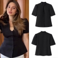 Women's Elegant Black Short Sleeve Blouse Sexy Hollow Out Stand Collar Slim Fit Button Down Shirt Fashion Casual Soft Polyester Tops For Ladies