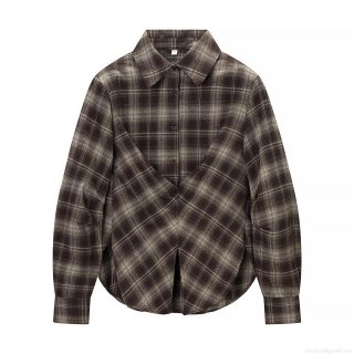 Women's Vintage Brown Plaid Long Sleeve Shirt Waist Narrowing Button Up Flannel Texture Blouse Casual Checkered Top For Ladies