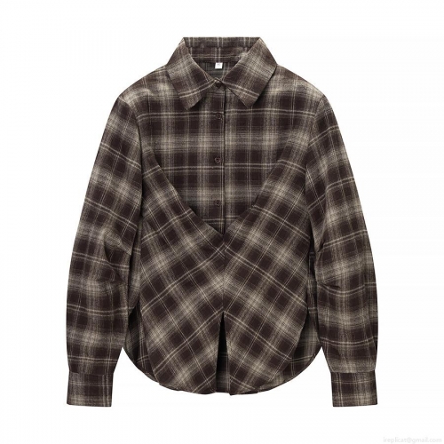 Women's Vintage Brown Plaid Long Sleeve Shirt Waist Narrowing Button Up Flannel Texture Blouse Casual Checkered Top For Ladies