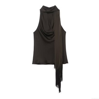 Women's Elegant Satin Halter Top Sleeveless Cowl Neck Cami Shirt With Long Tassel Scarf Detail Sexy Backless Solid Color Party Tank Top For Lady