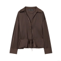 Women's Elegant Acetate Satin Blouse Long Sleeve V-Neck Button Down Shirt With Waist Belt Solid Color Chocolate Brown Tops For Office Party Fashion Ladies