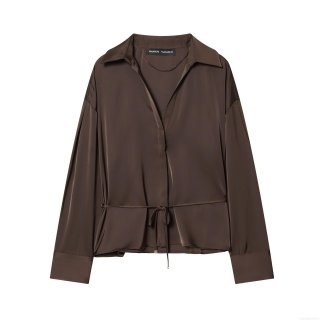 Women's Elegant Acetate Satin Blouse Long Sleeve V-Neck Button Down Shirt With Waist Belt Solid Color Chocolate Brown Tops For Office Party Fashion Ladies