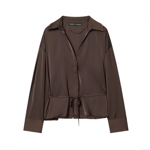 Women's Elegant Acetate Satin Blouse Long Sleeve V-Neck Button Down Shirt With Waist Belt Solid Color Chocolate Brown Tops For Office Party Fashion Ladies