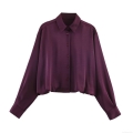 Women Elegant Satin Long Sleeve Shirt Balloon Fit Solid Color Purple Red Blouse Single Breasted Party Fashion Tops For Ladies