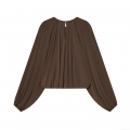 Women's Long Sleeve Pleated Blouse Polyester Smooth Round Neck Lantern Sleeve Loose Top Casual Commuting Plain Color Fashionable Shirt for Ladies