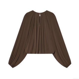 Women's Long Sleeve Pleated Blouse Polyester Smooth Round Neck Lantern Sleeve Loose Top Casual Commuting Plain Color Fashionable Shirt for Ladies