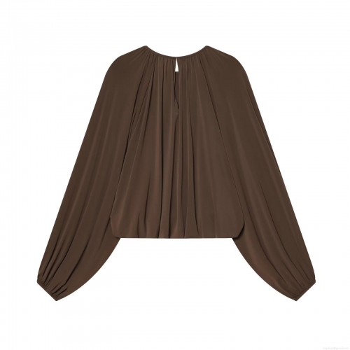 Women's Long Sleeve Pleated Blouse Polyester Smooth Round Neck Lantern Sleeve Loose Top Casual Commuting Plain Color Fashionable Shirt for Ladies