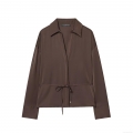Elegant Women's 100% Polyester Satin Long Sleeve Blouse Shirt With Waist Tie Coffee Brown Lapel V-Neck Top For Office Daily Commute Casual Chic Fashion