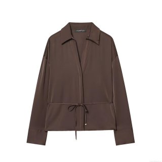 Elegant Women's 100% Polyester Satin Long Sleeve Blouse Shirt With Waist Tie Coffee Brown Lapel V-Neck Top For Office Daily Commute Casual Chic Fashion