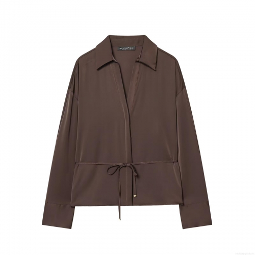 Elegant Women's 100% Polyester Satin Long Sleeve Blouse Shirt With Waist Tie Coffee Brown Lapel V-Neck Top For Office Daily Commute Casual Chic Fashion