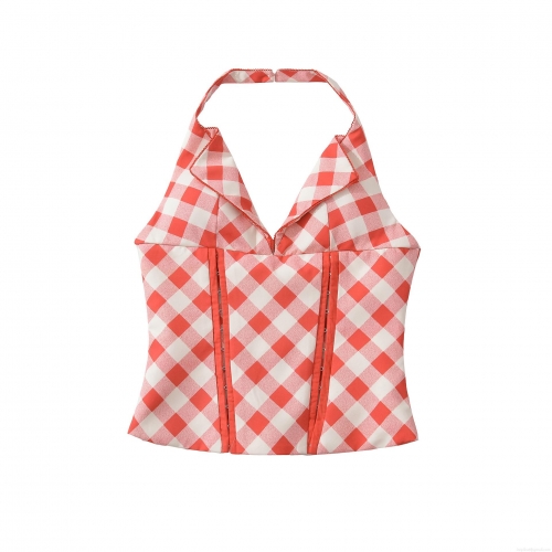Women's Red and White Plaid Halter Neck Top Backless Lace Up Corset Style Tank Top With Side Zipper Sexy Slim Fit Polyester Crop Top For Summer Party Gingham Camisole