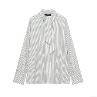 Women's Elegant Black And White Striped Long Sleeve Shirt With Bow Tie Neck Button Down Poplin Blouse Tops For Office Date Ladies Casual Fashion