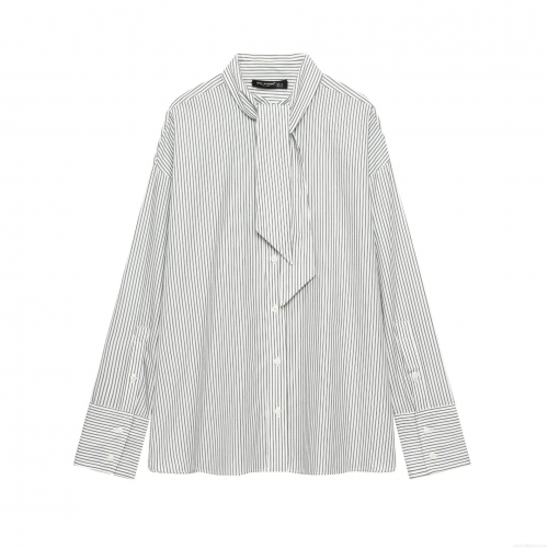 Women's Elegant Black And White Striped Long Sleeve Shirt With Bow Tie Neck Button Down Poplin Blouse Tops For Office Date Ladies Casual Fashion