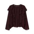Women's Elegant Ruffle Long Sleeve Chiffon Blouse Fashion Solid Color Pullover Top For Daily Office Lady Style Burgundy Coffee Shirt