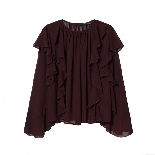 Women's Elegant Ruffle Long Sleeve Chiffon Blouse Fashion Solid Color Pullover Top For Daily Office Lady Style Burgundy Coffee Shirt