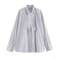 Women's Fashion Striped Poplin Shirt Scarf Tie Neck Long Sleeve Blouse Casual Office Work Button Down Tops Sweet Streetwear Ladies Clothing