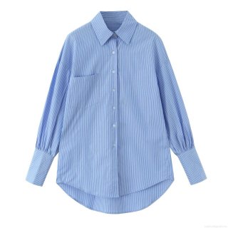 Women's 100% Cotton Blue White Striped Shirt Loose Casual Long Sleeve Blouse High-Low Hem Single Pocket Button Down Top Spring Autumn Office Wear