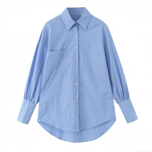 Women's 100% Cotton Blue White Striped Shirt Loose Casual Long Sleeve Blouse High-Low Hem Single Pocket Button Down Top Spring Autumn Office Wear