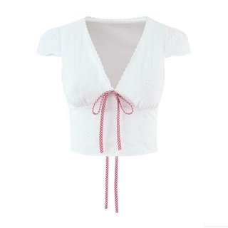 Women's White Cotton Eyelet Embroidery V Neck Crop Top Blouse With Red Gingham Tie Bow French Retro Sweet Short Sleeve Shirt For Summer Daily