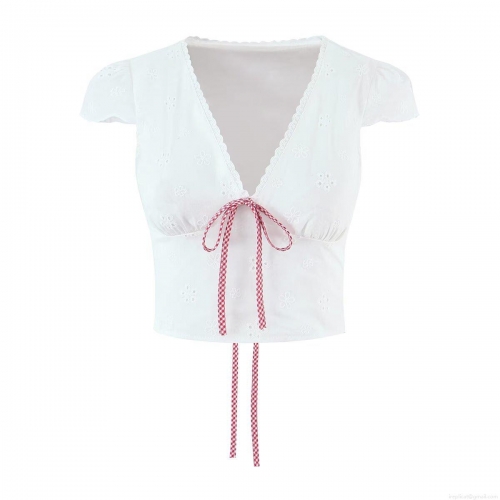 Women's White Cotton Eyelet Embroidery V Neck Crop Top Blouse With Red Gingham Tie Bow French Retro Sweet Short Sleeve Shirt For Summer Daily