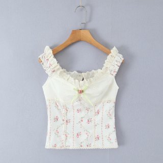French Pastoral Sweet Floral Embroidery Lace Patchwork Camisole Top For Women Sexy Vintage Bow Decor Sleeveless Crop Top Summer Vacation Tank Top