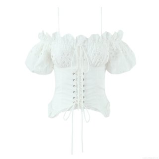 Women French Sweet White Lace Hollow Embroidery Off-The-Shoulder Puff Sleeve Top Sexy Slim Fit Lace Up Waist Blouse For Summer Dating Party Casual Top