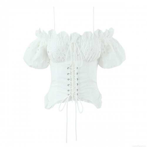 Women French Sweet White Lace Hollow Embroidery Off-The-Shoulder Puff Sleeve Top Sexy Slim Fit Lace Up Waist Blouse For Summer Dating Party Casual Top