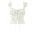 French Vintage Floral Cropped Top Women Off Shoulder Puff Sleeve Lace Up Blouse Summer Cottagecore Slim Fit Square Neck Short Sleeve Top For Vacation Daily Wear