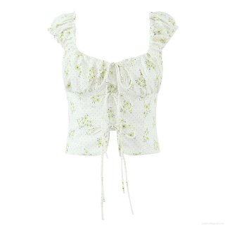 French Vintage Floral Cropped Top Women Off Shoulder Puff Sleeve Lace Up Blouse Summer Cottagecore Slim Fit Square Neck Short Sleeve Top For Vacation Daily Wear