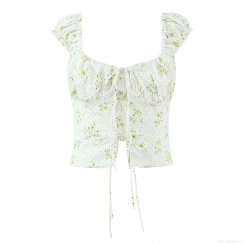 French Vintage Floral Cropped Top Women Off Shoulder Puff Sleeve Lace Up Blouse Summer Cottagecore Slim Fit Square Neck Short Sleeve Top For Vacation Daily Wear